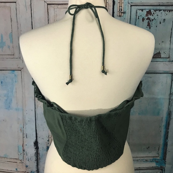 New Anthropologie Green Halter Crop Ruffle Top - Picture 5 of 8